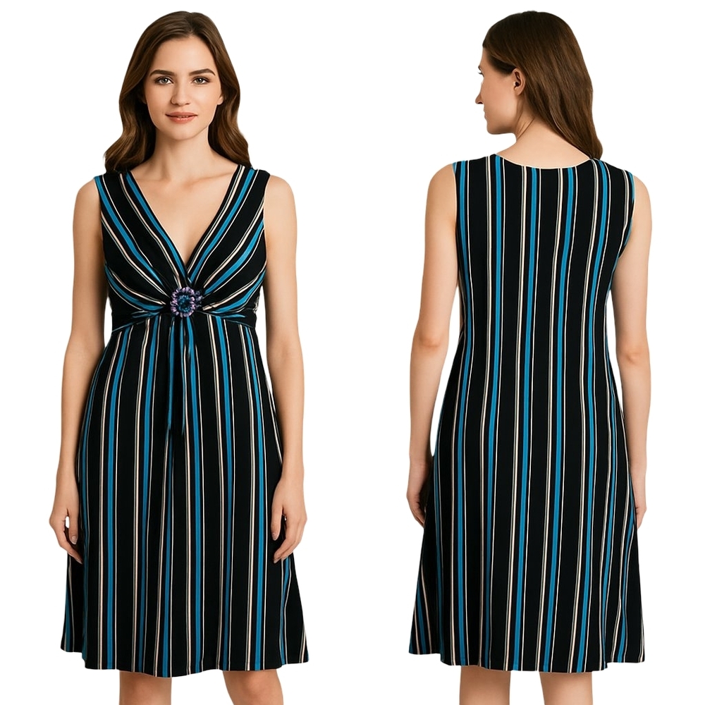 CATHERINES Dress Plus 3X Black Blue Stripe Sleeveless Beads Bling Resort Cruise